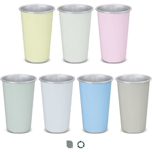 A set of chameleon colour changing cups in pastel shades: yellow, green, pink, light blue, and grey, each with a silver lining.