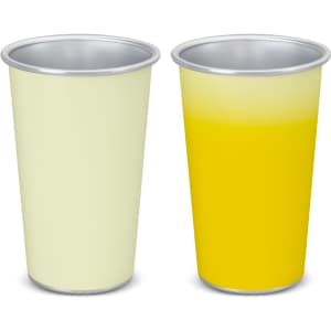 A drink cup set featuring a light green cup and a yellow cup, both with silver rims. The design includes a logo.