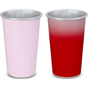 Two cups are displayed, one pastel pink and the other a gradient red, both featuring a metallic interior. Each cup has a logo.