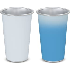 A drink cup displaying a gradient colour change from white to blue, featuring a metallic interior and a logo.