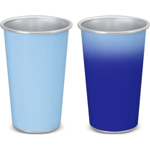 A drink cup in blue, featuring a smooth gradient changing to dark blue, with a metallic interior and a logo.