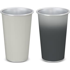 A drink cup set featuring a colour-changing design with a light grey and dark grey gradient. Each cup has a silver rim and logo.
