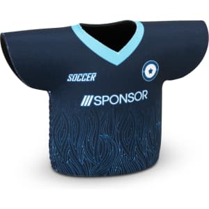 A drink bottle can cooler shaped like a soccer jersey, featuring a navy blue design with light blue accents and a logo.