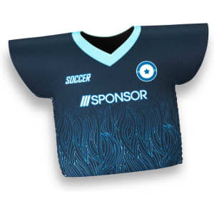 A drink bottle cooler in the shape of a black soccer jersey with a blue design and a logo.