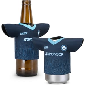 A drink bottle and a can both in navy blue jersey-style coolers with a logo and sleeve design.