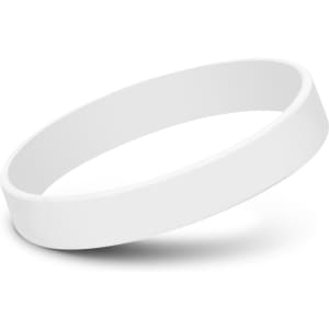 A white silicone wristband featuring a smooth surface and a simple design, with a logo visible.