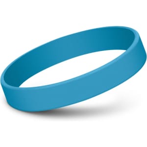 A teal silicone wristband with a smooth finish and circular design, featuring a branding logo.