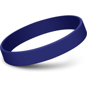 A blue silicone wristband with a smooth finish and circular design. It features a logo.