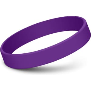 A purple silicone wristband with a smooth finish, featuring a logo.