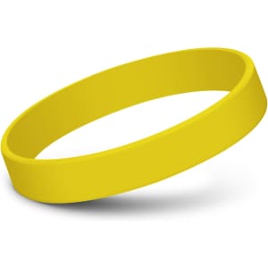 A yellow silicone wristband with a smooth, flexible design. It features a logo but no text.