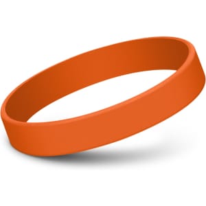 An orange silicone wristband displayed on a white background, featuring a smooth, rounded design.