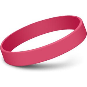 A pink silicone wristband with a smooth finish, featuring a branding logo.