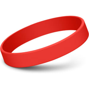 A red silicone wristband, featuring a smooth design and a simple, unembellished appearance.
