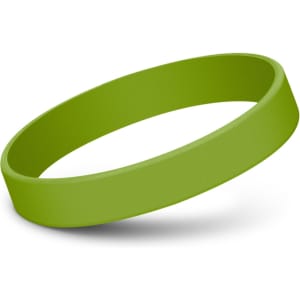 A green silicone wristband with a smooth finish, featuring a simple, solid design.