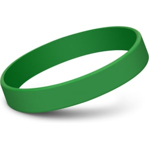 A green silicone wristband with a smooth finish, featuring a logo.