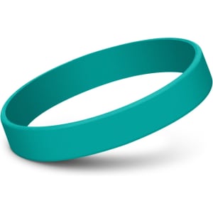 A teal silicone wristband with a smooth surface, featuring a simple, unembellished design.