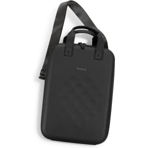 A black laptop case with a textured surface, featuring a handle and adjustable shoulder strap. It has a logo on the front.