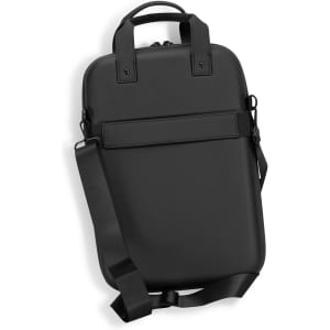A black laptop case with a handle and adjustable shoulder strap, featuring a sleek design and minimal branding.