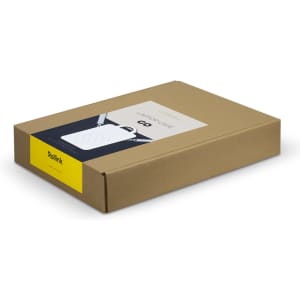 A brown cardboard box containing the Rollink Laptop Case Go, featuring a logo and a sleek design.
