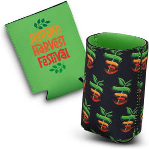 A drink bottle cooler in black featuring a colourful apple and leaf design, with a reversible green sleeve.