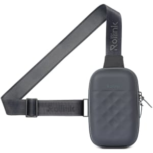A sleek, grey bag with a quilted pattern and an adjustable strap, featuring a Rollink logo.