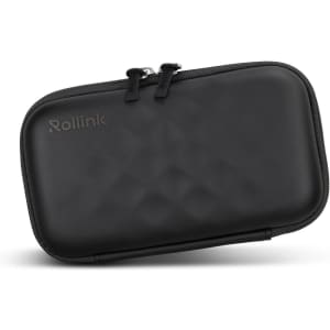 A black zippered travel pouch with a textured surface, featuring a logo on the front.