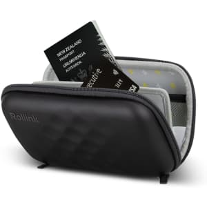 A black travel pouch with a zipped closure, featuring a passport and other documents inside. It has a logo.
