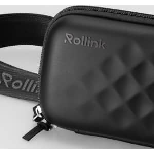 A black mini bag with a textured surface and a strap, featuring a logo on the front and a zip closure.