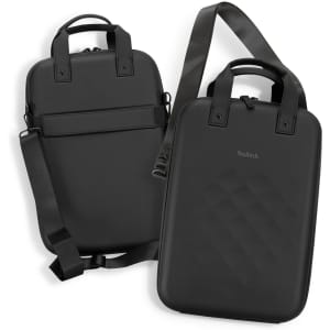 A black Rollink Laptop Case Go featuring a textured design, dual handles, and an adjustable strap.