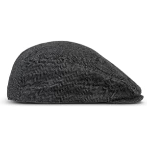 A grey herringbone flat cap with a rounded shape and a small peak. It features a logo on the inside.