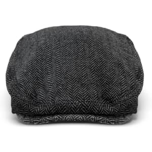 A grey herringbone-patterned flat cap with a rounded top and a small visor. Features a logo on the side.