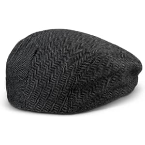 A flat cap in grey herringbone pattern with a structured design and a small logo.