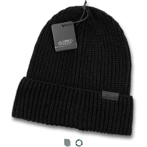 A black knitted beanie featuring a folded cuff and a tag, with a branding logo visible.