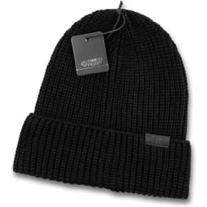 A black ribbed beanie featuring a fold-over cuff and a logo tag. Stylish and made from eco-friendly materials.