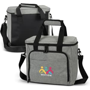 A grey cooler bag with a black base and adjustable strap, featuring a logo on the front.
