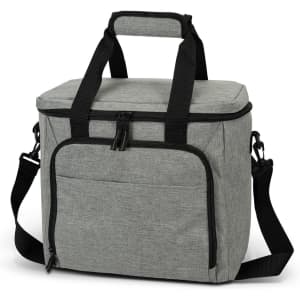 A grey cooler bag with dual handles, a shoulder strap, and a front pocket. It features a logo on the side.