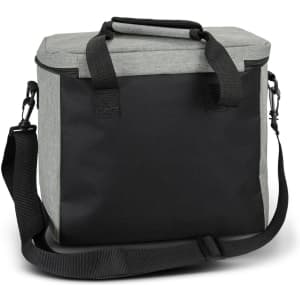 A grey and black cooler bag with a sturdy handle and adjustable shoulder strap, featuring a logo on the side.