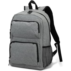 A grey backpack with multiple compartments, including a mesh side pocket and a logo.