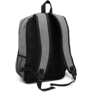 A grey and black backpack with padded straps and mesh side pockets, featuring a logo.