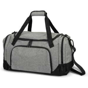 A grey duffle bag with black accents, featuring multiple zippered pockets and a detachable shoulder strap.