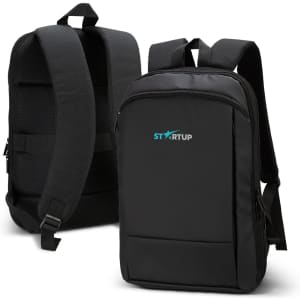 A black backpack featuring padded straps and a smooth finish, with a logo on the front.