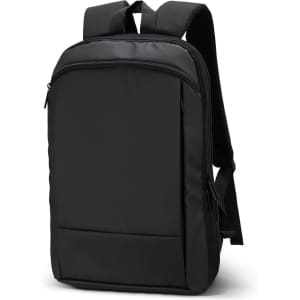 A black backpack with a sleek design, featuring a zippered front pocket and adjustable shoulder straps.