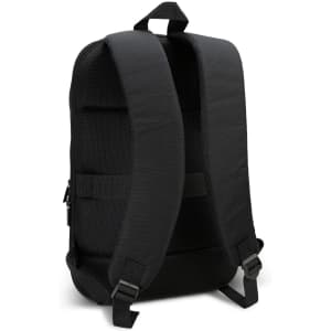 A black Kaden Soft Touch Backpack with padded straps and a mesh back for comfort. It features a logo on the exterior.