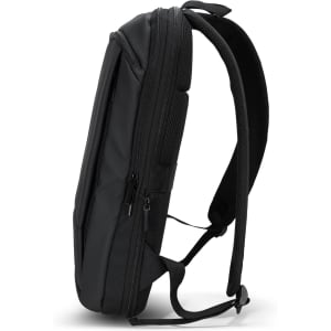 A black backpack featuring a sleek design, padded straps, and multiple zippered compartments. It has a logo on the front.