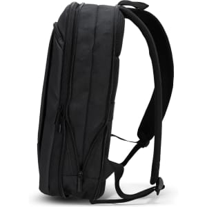 A black soft touch backpack with padded straps and multiple zippered compartments, featuring a logo.