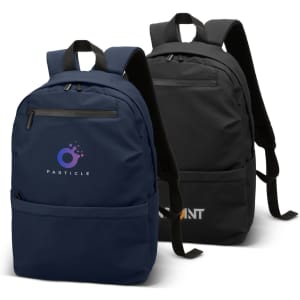A navy and a black soft touch backpack, featuring zippers and adjustable straps, each with a logo.