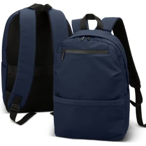 A navy backpack with a smooth finish and padded straps, featuring a front zip pocket and a mesh back panel.