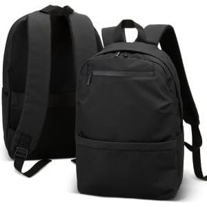 A black soft touch backpack featuring adjustable straps and mesh backing, with multiple pockets and a logo.