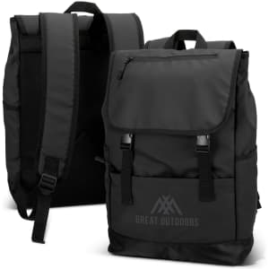 A black soft touch backpack featuring a flap closure, adjustable straps, and a logo.