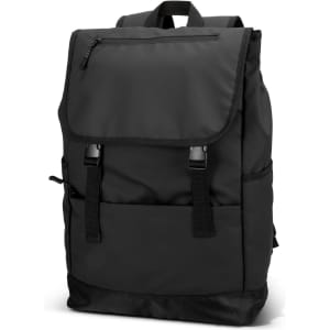 A black soft-touch backpack featuring adjustable straps and a front zip pocket, with a logo on the front.